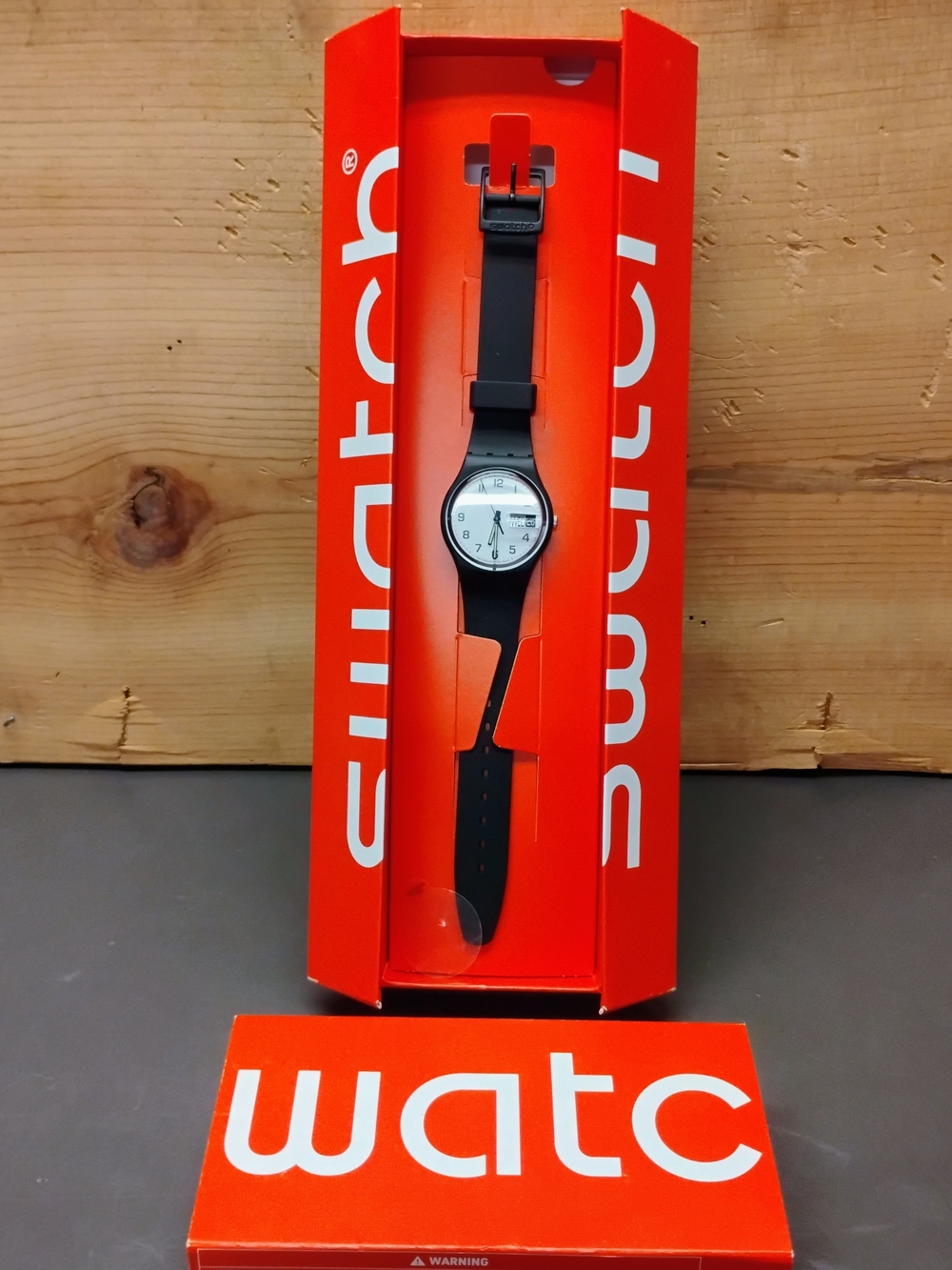 Swatch Black Watch with White Dial in Red Branded Box